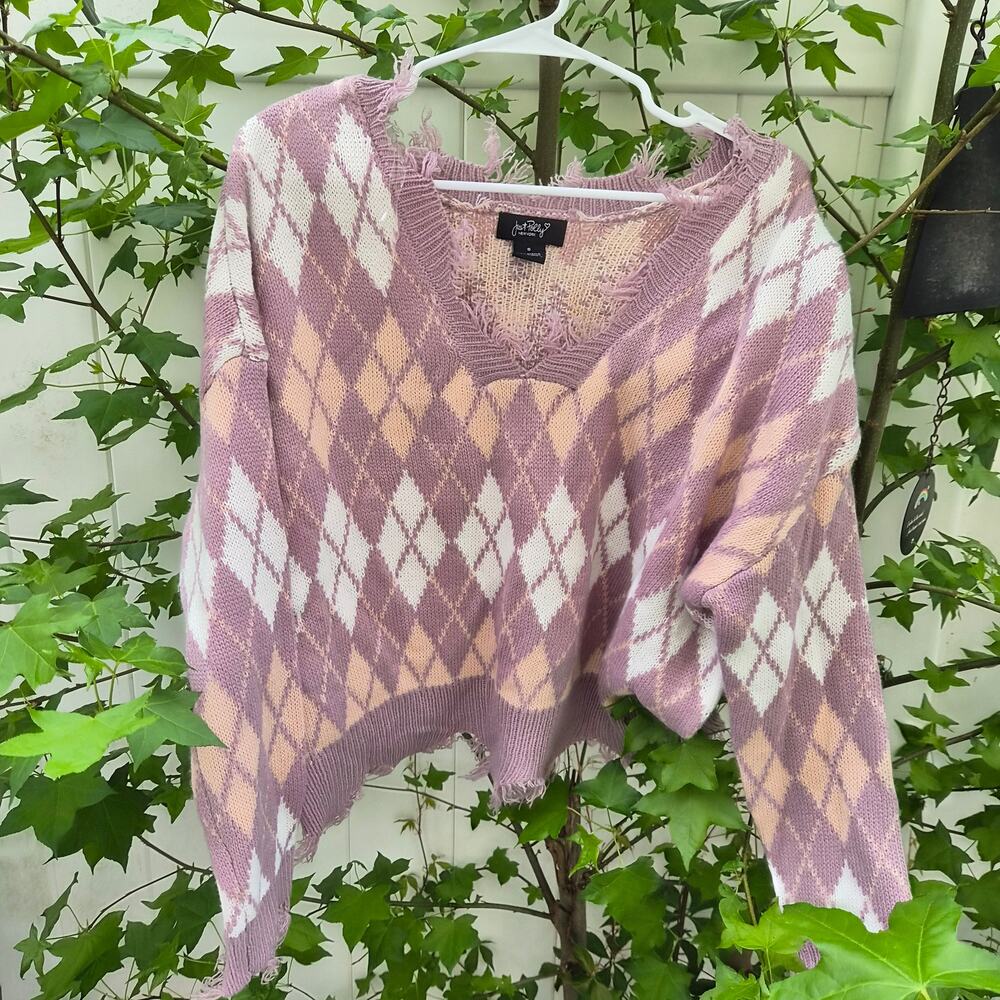 Just Polly New York Distressed Argyle‎ V Neck Sweater - Sz Sm